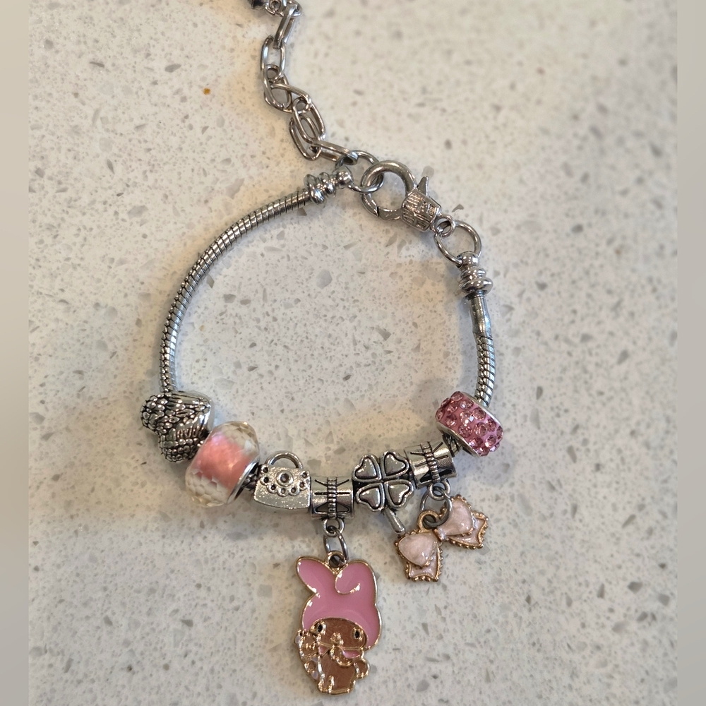 Charming Silver and Pink Bracelet with Heart Charms